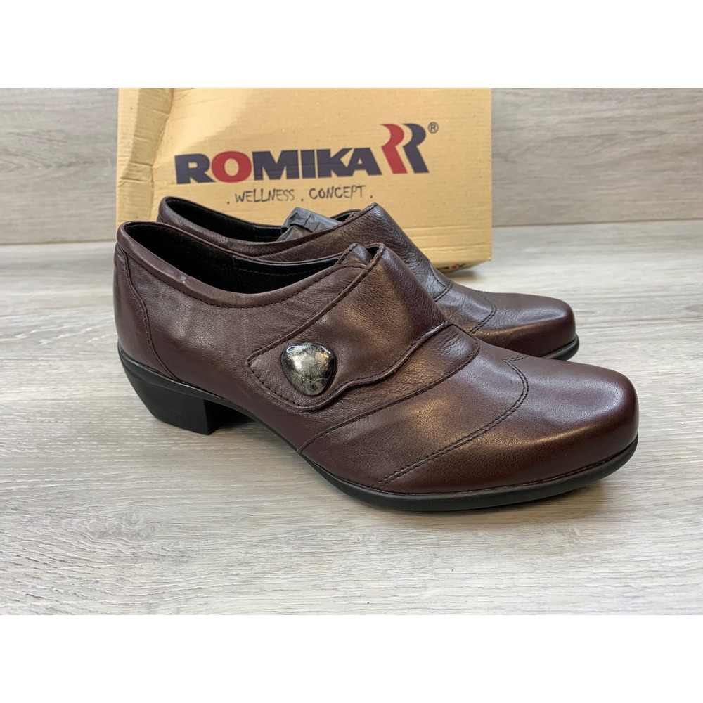 Romika Women's Brown Leather Loafers Wide Fit Weite H‎ 5.5 Low Block Heel